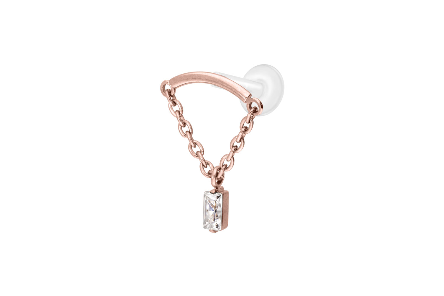 PTFE Labret Piercing mit Innengewinde + Titan-Aufsatz BOGEN + KETTE + KRISTALLRECHTECK